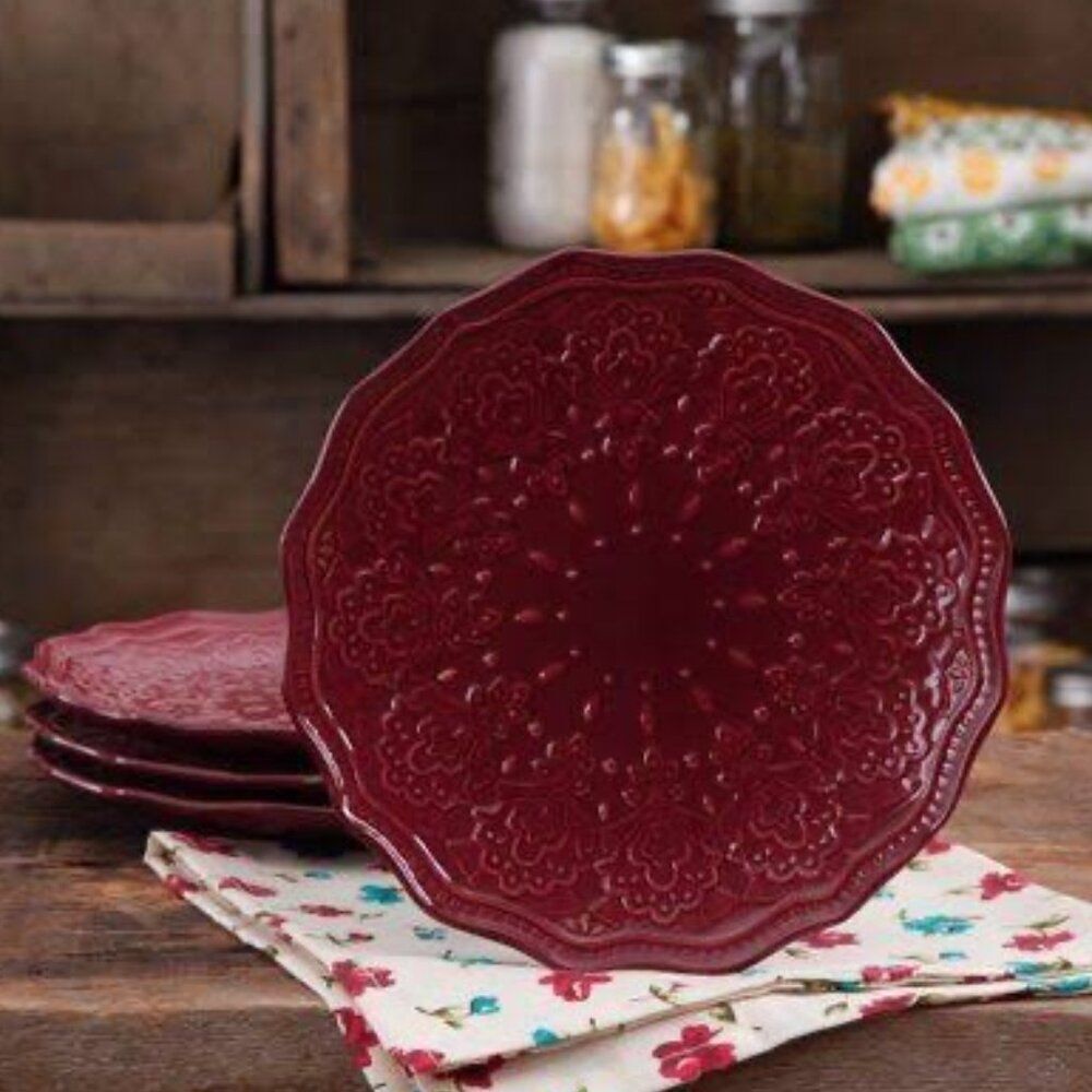 The Pioneer Woman Farmhouseβ Lace Claret Red Salad Plates - set of 12